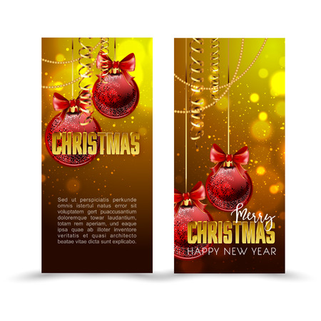 Christmas web banners set with red and gold ball and sparkle blurred background. Vector Illustration.のイラスト素材