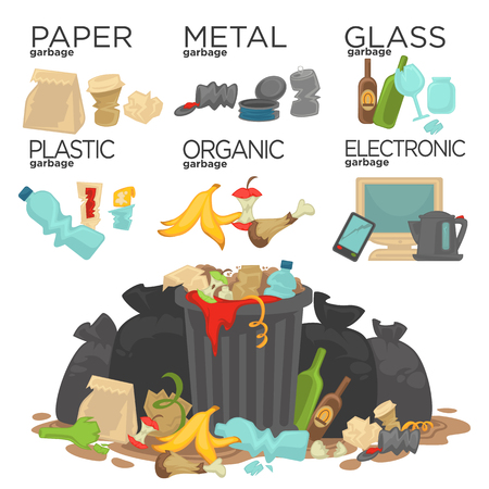 Garbage sorting food waste, glass, metal and paper, plastic electronic, organic. Pile of Smelling Decaying Garbage Left Lying Around. Vector Illustration.のイラスト素材