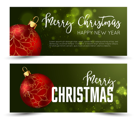 Christmas web banners set with red and gold ball and sparcle blurred background. Vector Illustration.のイラスト素材