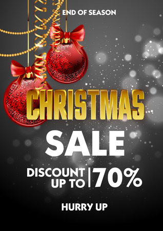 Christmas sale design poster template with shiny decoration ball. Discount advertising. Vector Illustration.のイラスト素材