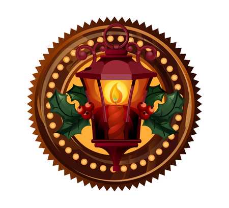 Christmas card with light lantern and holly berry. Vector Illustration.のイラスト素材