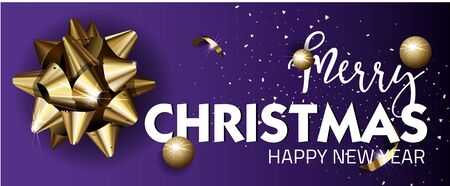 Merry Christmas or Happy New Year web banner design template. Greeting cards with golden bows and copy space. Vector illustration.のイラスト素材