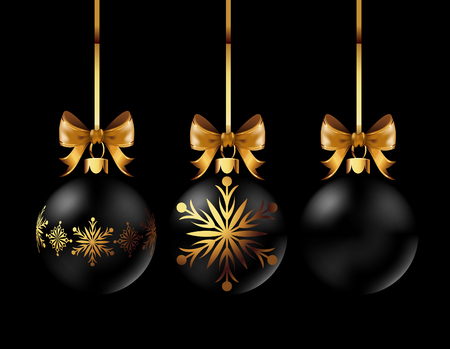 Black Christmas decoration balls collection on black background. Confetti backdrop design. Vector Illustration.のイラスト素材