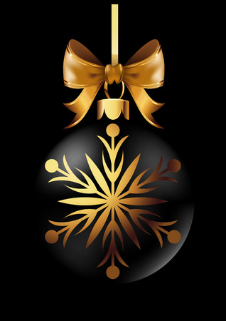 Black Christmas decoration ball with golden ribbon bow on black background. Vector Illustration.のイラスト素材