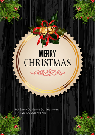 Christmas background with golden frame and holiday decoration elements on black wooden background. Christmas greetings template design. Vector Illustration.のイラスト素材