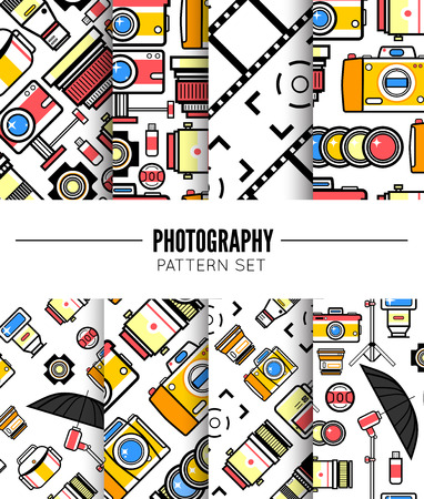 Photography seamless patterns set with photo, camera equipment. Vector illustrationのイラスト素材