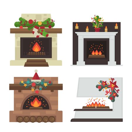 Vector fireplace. Merry Christmas and harry New Year holiday decoration illustration set.のイラスト素材