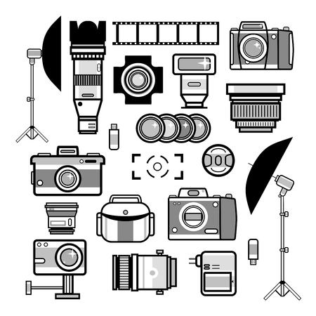 Monochrome photographer kit, camera elementsのイラスト素材