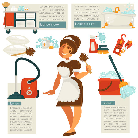 Vector housemaid and cleaning supplies.のイラスト素材