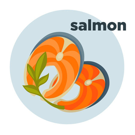 Piece or slice red fish. Raw salmon steak - fresh and healthy seafood. Icon of delicious food of sea. illustration isolated on white background. Design element in cartoon styleのイラスト素材