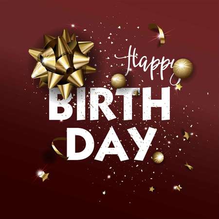 Happy Birthday greeting card template. Luxury flyer with golden bow. Vector Illustration.のイラスト素材