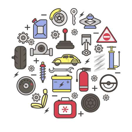 Car spare parts and details of gear, motor engine, wheel tire pump, accumulator, driver chair and speedometer. Vector auto service poster of cogwheel and spark plug, gasoline can and ignition keyのイラスト素材