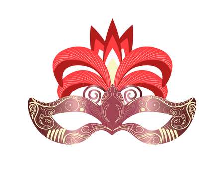 Carnival mask for Venetian masquerade or Mardi Gras festival or party. Vector illustration of isolated masque icon with hand made feather decorations, ornate laces and bead sequinsのイラスト素材