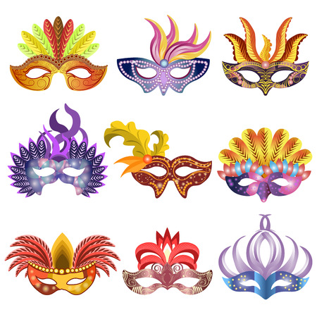 Carnival masks for Venetian masquerade or Mardi Gras festival or party. Vector illustration of isolated masque icons with hand made feather decorations, ornate laces and bead sequinsのイラスト素材