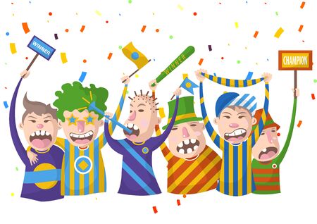 Cheering fans with flags and whistles holding flag we are champiのイラスト素材