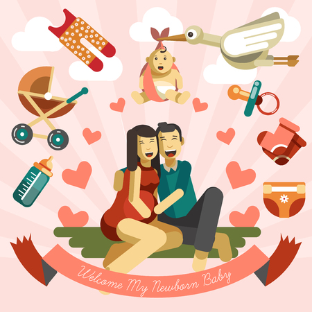 Young couple or pregnant woman expecting childbirth or preparing for newborn baby birth. Vector welcome poster of happy man and woman, stork carrying swaddled child on flat hearts backgroundのイラスト素材
