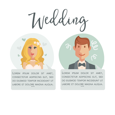 Wedding poster with bride in white dress and handsome groomのイラスト素材