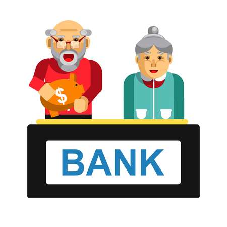 Elderly making deposit in bank. Grandparents with bag of moneyのイラスト素材