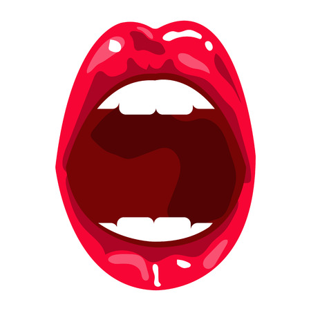 Red open mouth with white teeth. Female lips red lipstick.のイラスト素材