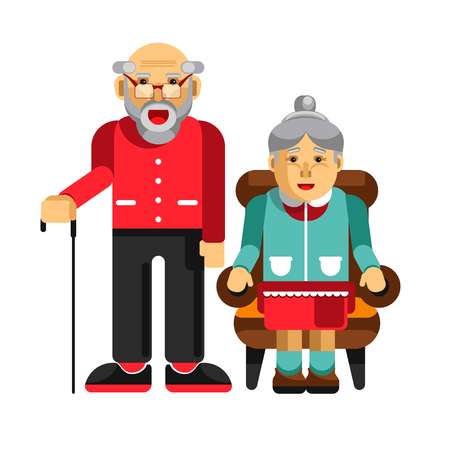 Happy pensioners couple. Elderly man with stick and his wifeのイラスト素材
