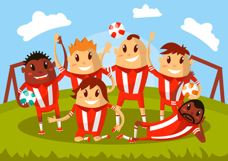 Football team waving hands and smiling for photo.のイラスト素材