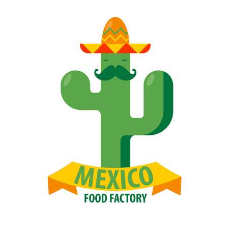 Mexican restaurant vector icon template of cactus in sombrero hatのイラスト素材