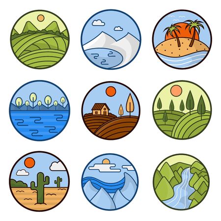 Nature landscape vector icons of mountains, ocean and forestのイラスト素材