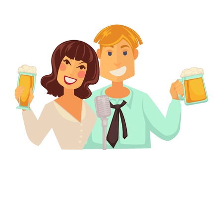 Man and woman with glasses of beer with foamのイラスト素材