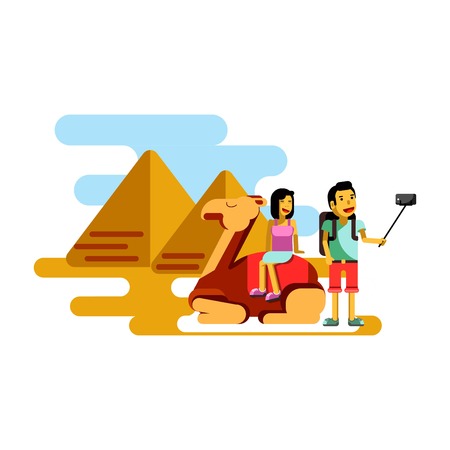 Summer vacation poster vector illustration. Couple resting in Egyptのイラスト素材