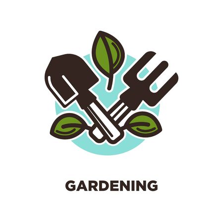 Gardening logo design with spade and rake with green leavesのイラスト素材