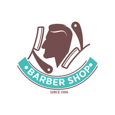 Barber shop logo or vector icon of man head and scissors for barbershop salon, premium hairdresser coiffeurのイラスト素材