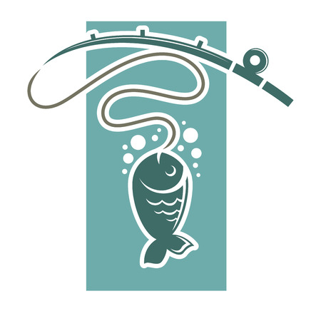 Fishing time logo template. Fish catch on rod hook vectorのイラスト素材