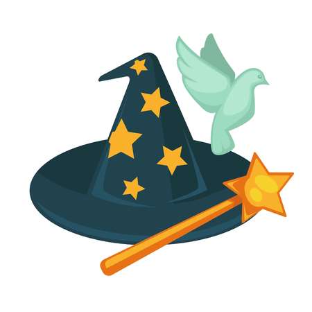 Witch hat with stars, magic wand and dove isolatedのイラスト素材
