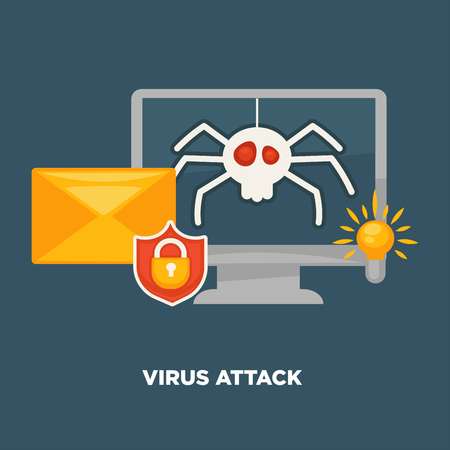 Virus attack on computer in cartoon flat style isolatedのイラスト素材