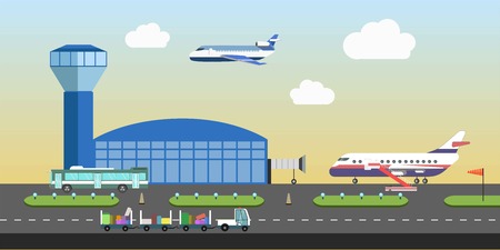 Airport building and plane runway area  flat designのイラスト素材