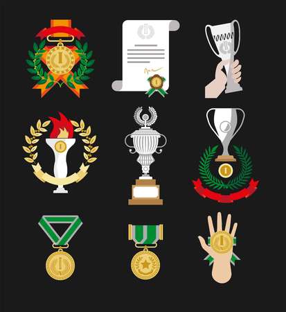 Champion award medal cups and honor wreath ribbons vector setのイラスト素材