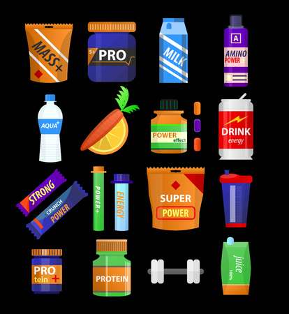Sport supplements and fitness nutrition vector flat iconsのイラスト素材