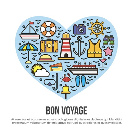 Bon Voyage heart poster of sea cruise travel and summer vacation holiday trip elements.のイラスト素材