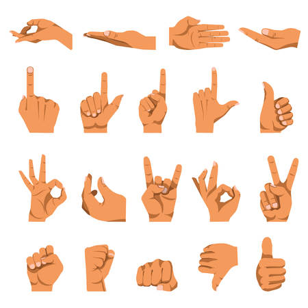 Hand gestures and finger different signs. Vector flat isolated icons set on white.のイラスト素材