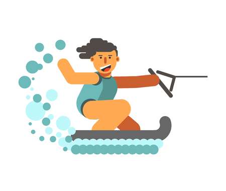 Young human on water skiing holding black halyard on whiteのイラスト素材