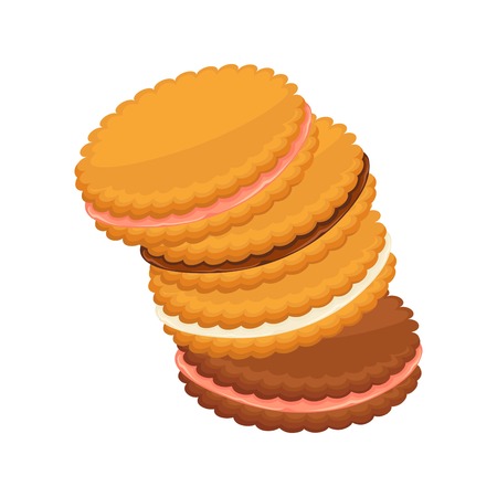 Sandwich biscuits, filled with cocoa, strawberry and vanilla cream isolatedのイラスト素材