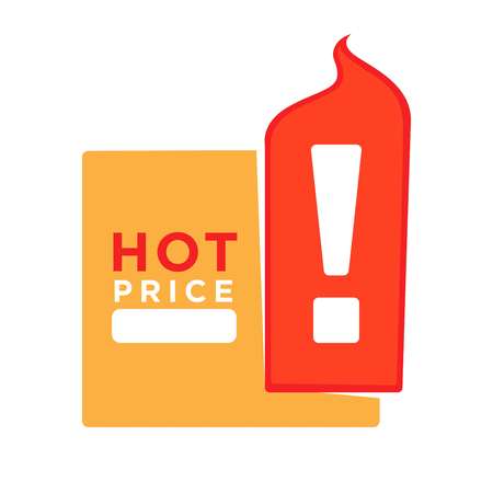 Hot price informative sticker with exclamation point logo with burning fire element isolated on white.のイラスト素材