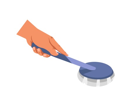 Household cleaning brush with handle in hand isolated on white. Vector illustration in flat design of arm keeping special device for brushing glass and other surfaces, clearance purification logo conceptのイラスト素材