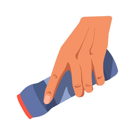 Human hand holding long dark blue bottle with red top of cleaning powder.のイラスト素材