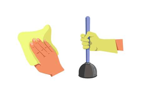Human hand holding duster for cleaning and in protective glove with plunger isolated on white.のイラスト素材
