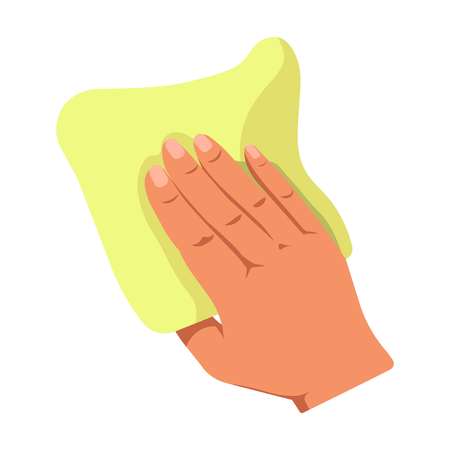 Human hand holding light yellow duster for cleaning isolated on white. Household duties concept logotype.のイラスト素材