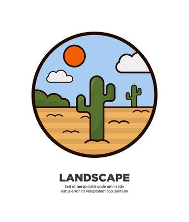 Landscape scenery design with desert and cactus trees growing in sand on background of blue sky with clouds and hot sun web button in flat style design.のイラスト素材