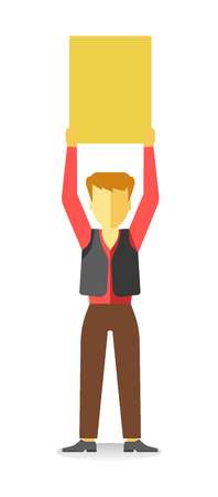 Striking man holding empty yellow banner above head isolated on white.のイラスト素材