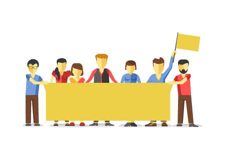 Striking crowd holding empty yellow banner. Vector illustration of group protesting against something.のイラスト素材