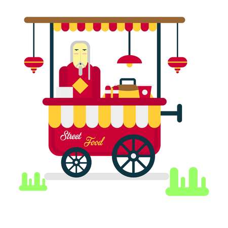 Street food trailer with vendor selling hot sausages isolated on white background. Shop on wheels in flat design cartoon style.のイラスト素材